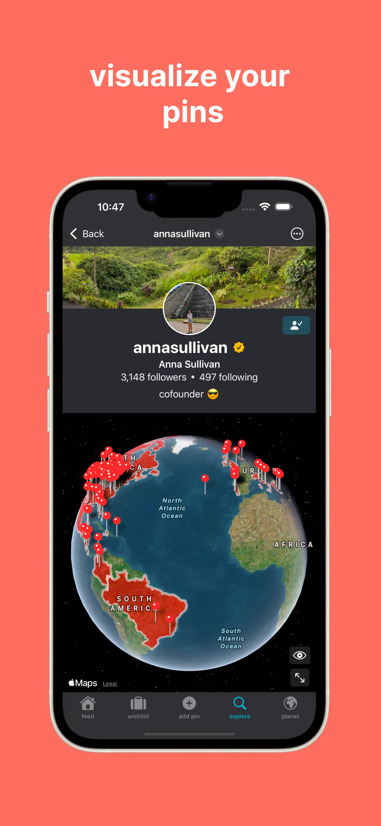 View your pins; A user profile on pinplanet. 3D globe or 2d map with pins to track places you've visited.