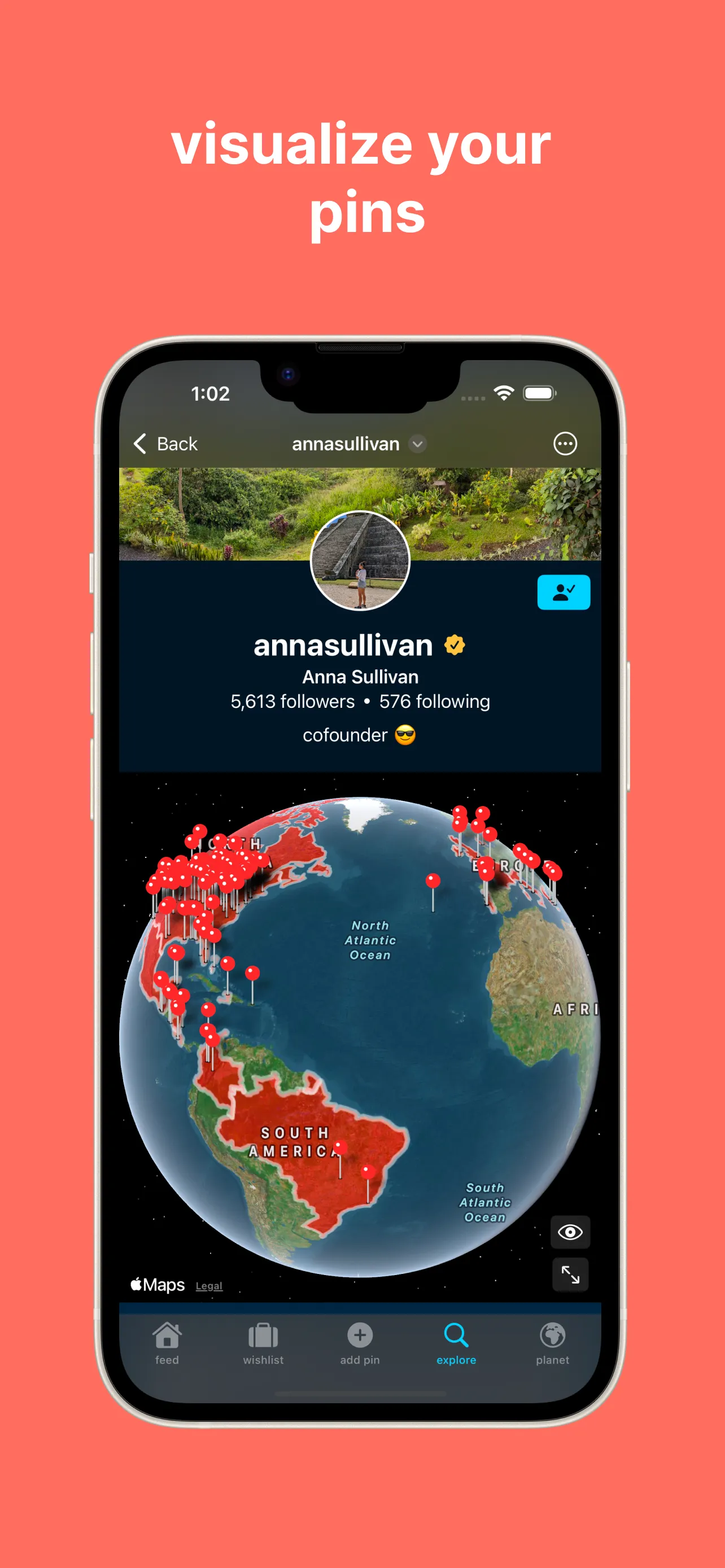 View your pins; A user profile on pinplanet. 3D globe or 2d map with pins to track places you've visited.