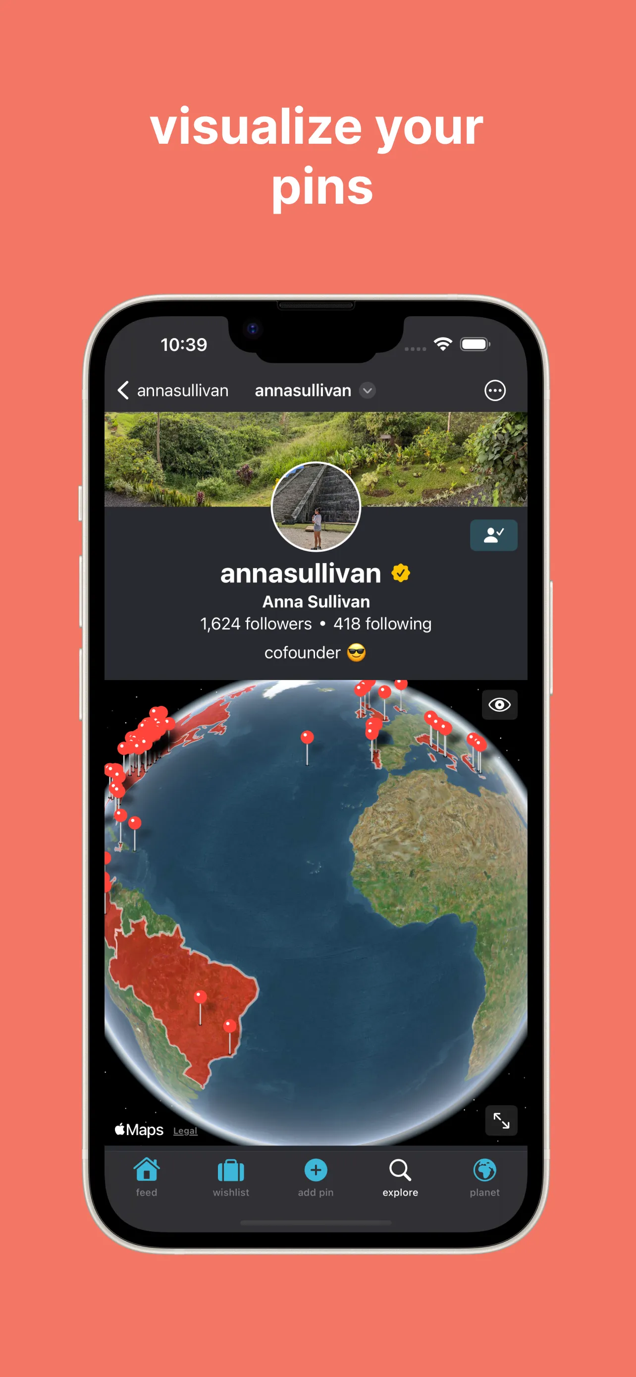 View your pins; A user profile on pinplanet. 3D globe or 2d map with pins to track places you've visited.