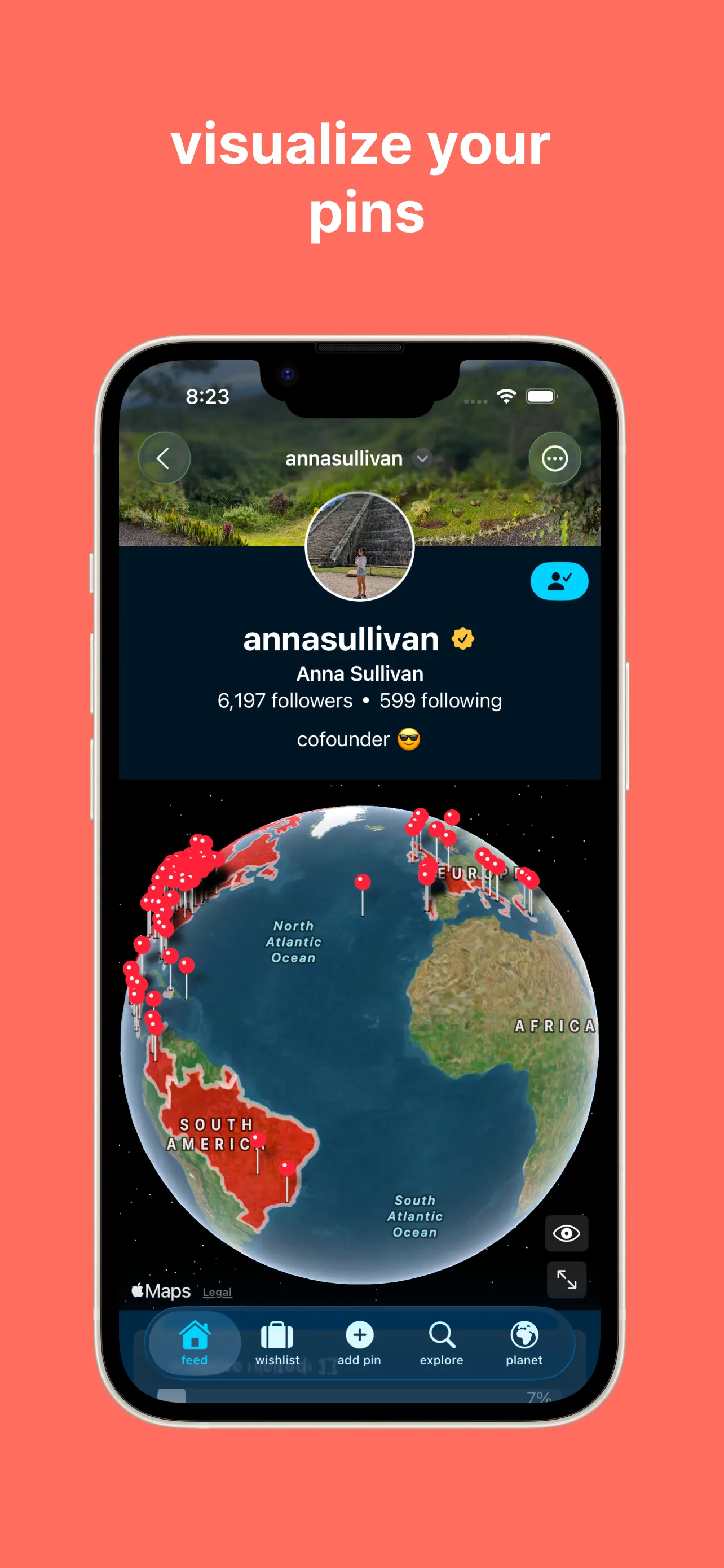 View your pins; A user profile on pinplanet. 3D globe or 2d map with pins to track places you've visited.