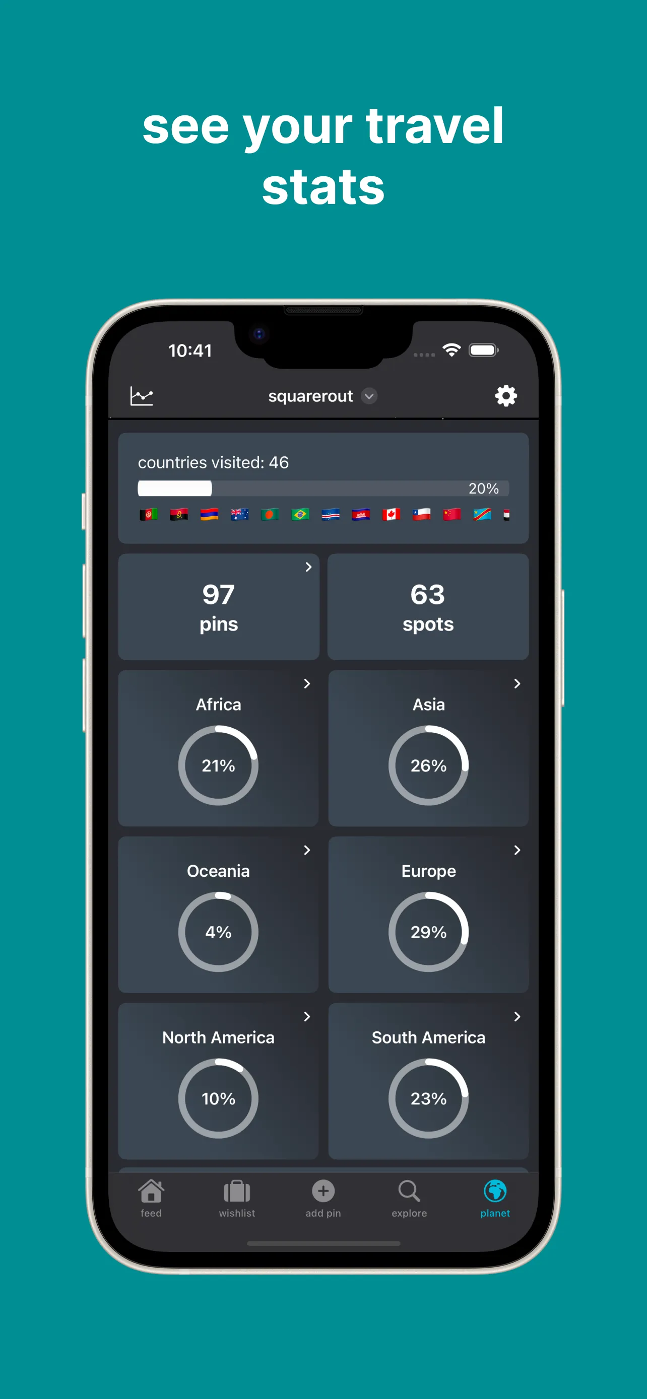 A user's travel stats showing what percent of each continent they have visited and percent of all countries in the world.